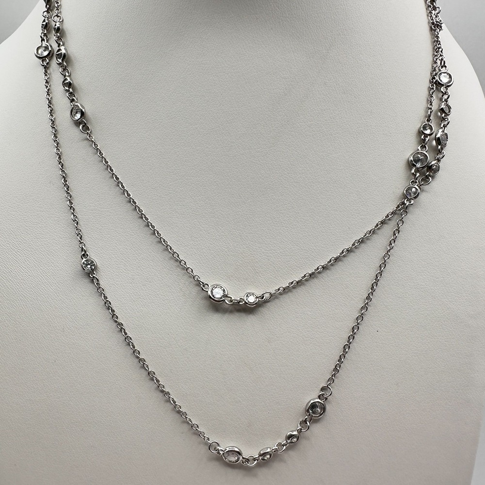 Necklace Silver Tone Double Strand Clear Rhinestone Bezel Set Statement Chain - Picture 7 of 9